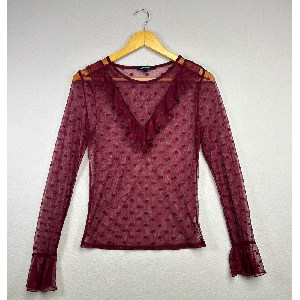 Ambiance Sheer Mesh Polka Dot Ruffle V Neck Long Sleeve Top Burgundy‎ Size L